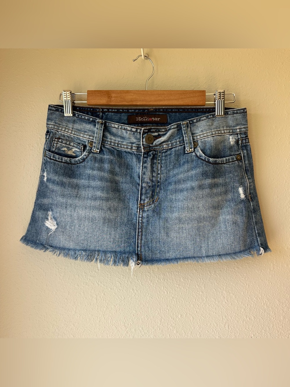VTG Y2K Hollister Micro Mini Jean Denim Skirt Size 3 Low Rise Bling Distressed